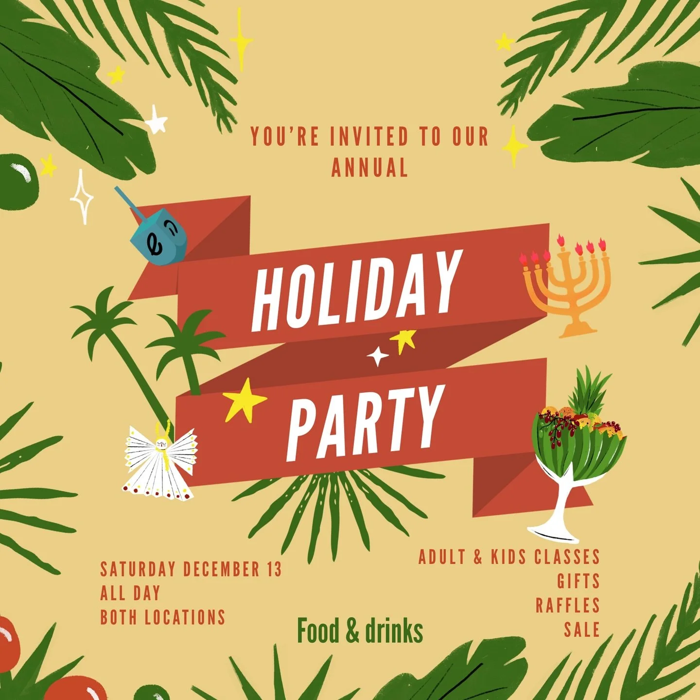This Saturday is the day!!!!!! 🎄☃️🍰🍫🍭🍩🥂🕯️🎁🎉🕎

This year, our annual Holiday event where we have a festive Yoga Sculpt for a good cause, has turned into a whole day of festive classes!!!

This Saturday December 13 we&rsquo;ll see all of you 
