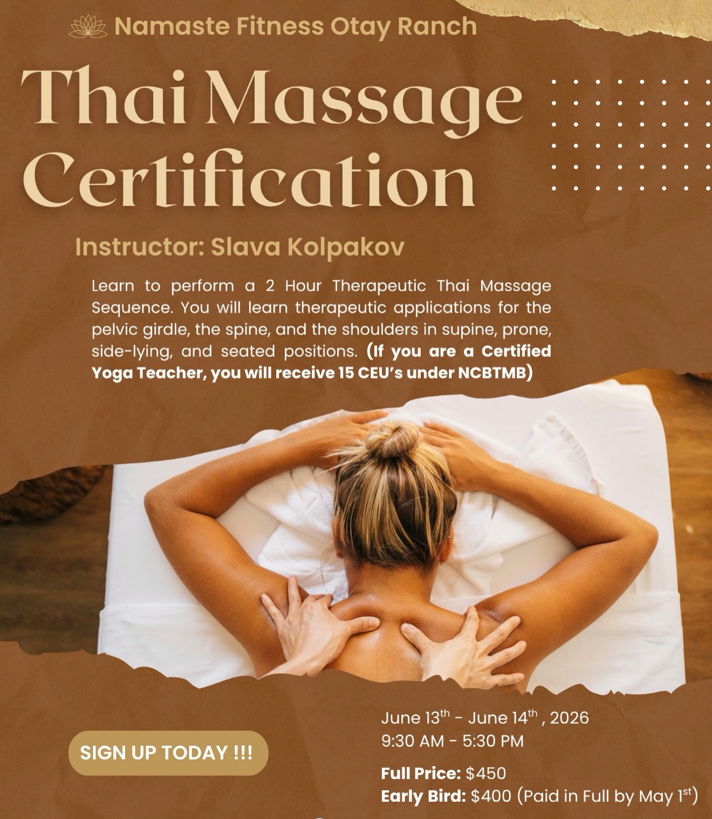 Learn to perform a 2-Hour Therapeutic Thai Massage sequence. You will learn therapeutic applications for the pelvic girdle, the spine and the shoulders in supine, prone, side-lying and seated positions.
 
Join Slava Surya Kolpakov @slava.yoga with hi