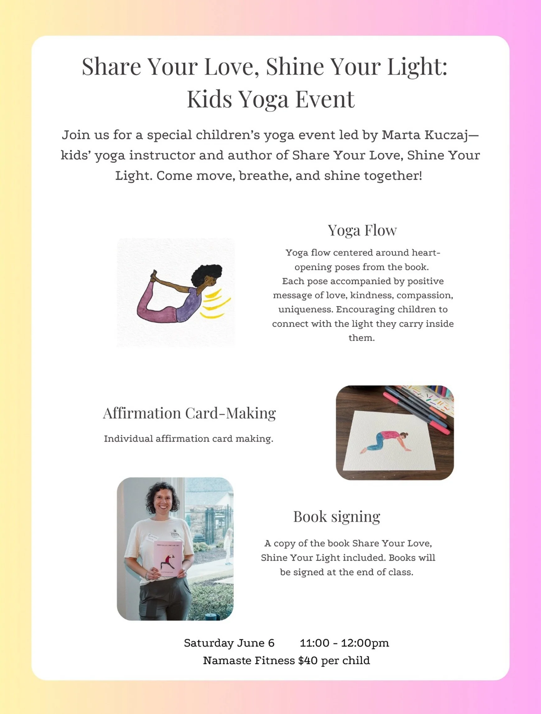 We&rsquo;re SO EXCITED and happy to host this event with one of our OG Kids Yoga Teachers who has written a book!!!! And she&rsquo;s coming here to share her book and lead a mindful Kids Yoga class for our community!!!

Marta @martita_margarita is on