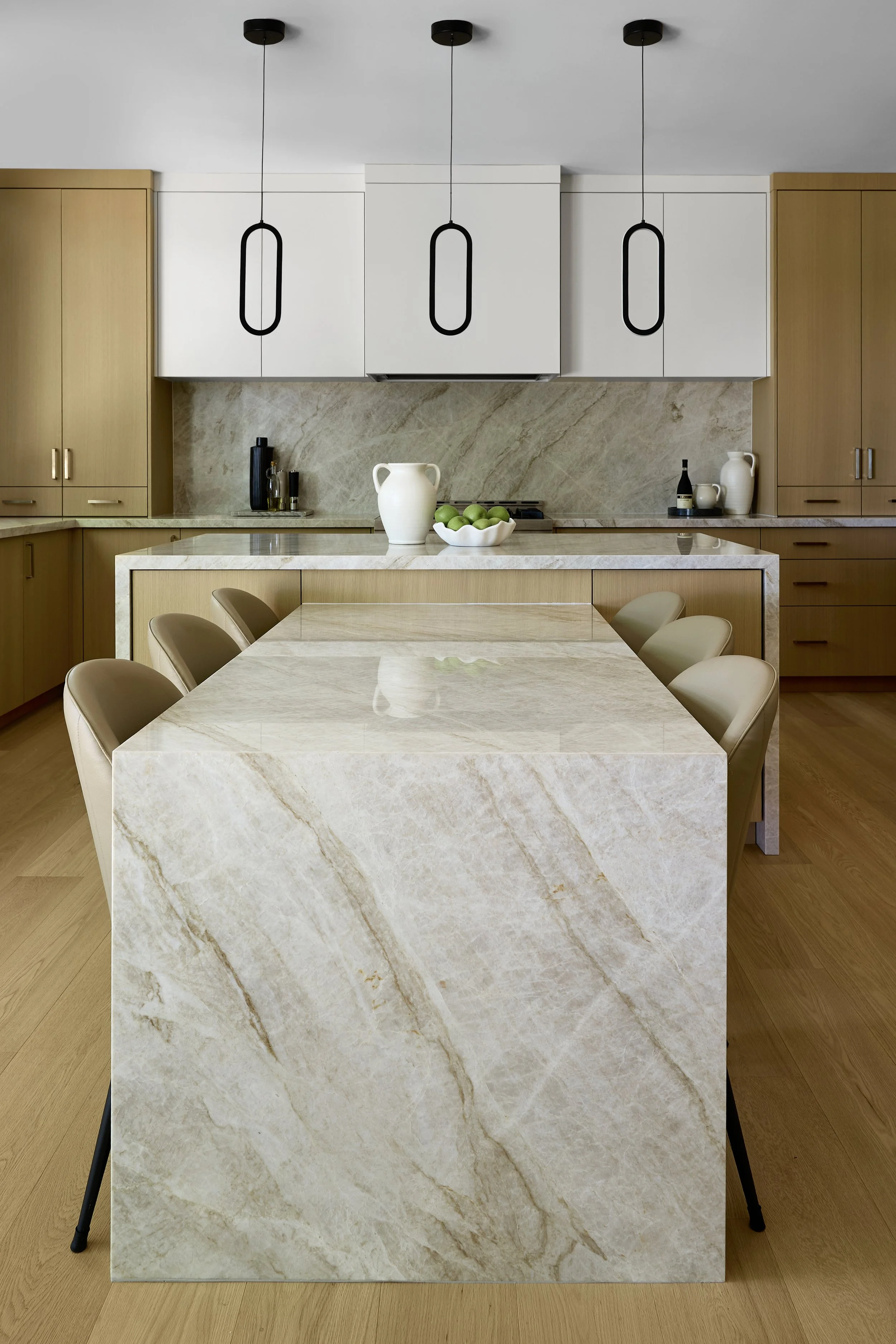 white oak cabinetry, Taj Mahal quartzite Counters, luxury living