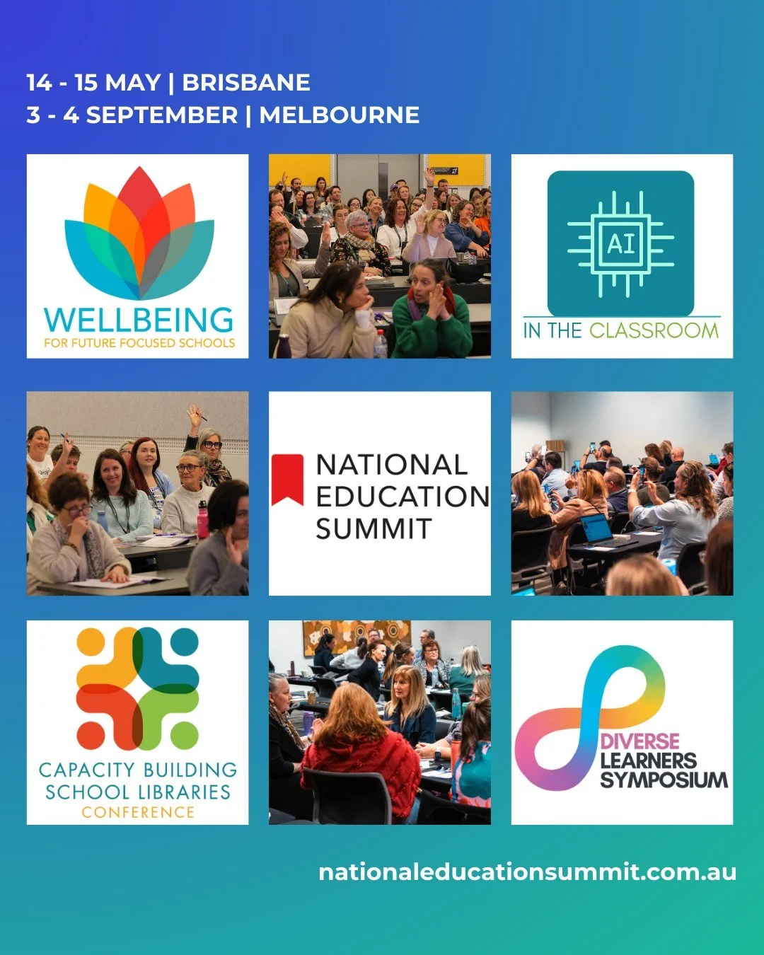 Four conferences. One powerful summit.

At the National Education Summit, choose from four specialised conferences designed to support today&rsquo;s educators and future-focused schools:
✨ Diverse Learners Symposium
🤖 AI in the Classroom
💚 Wellbein