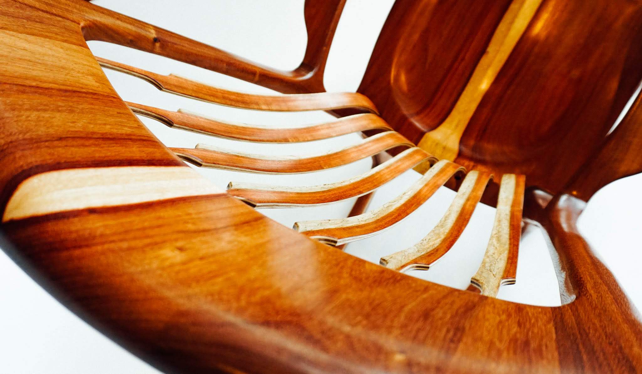 This photo highlights the sapwood detail in the headrest, back braces and seat. All the wood is carefully grain matched for beautiful symmetry.