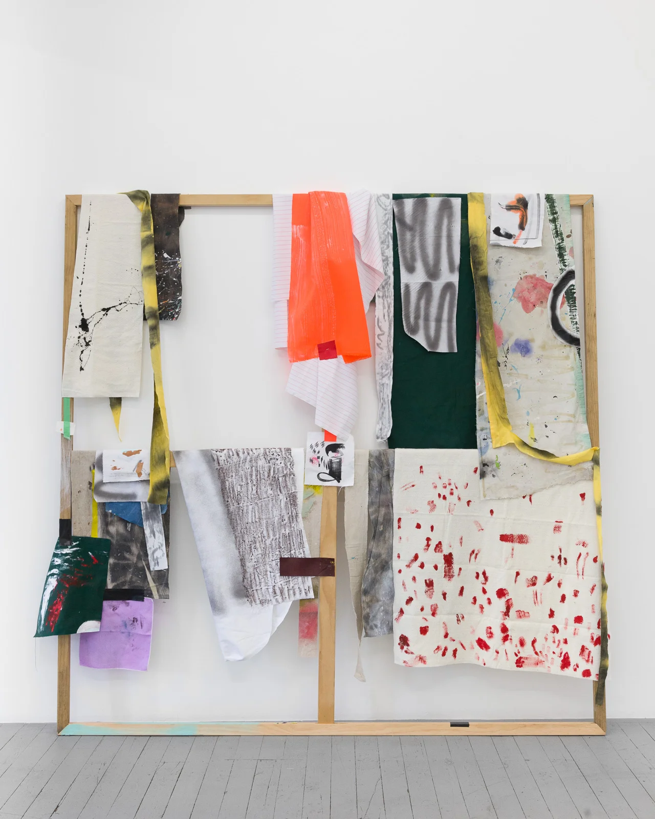 scrap trophies (Good Room), 2018, acrylic, acrylic spray, tape, cotton, polyester, silk and foam, 213cm x 213cm