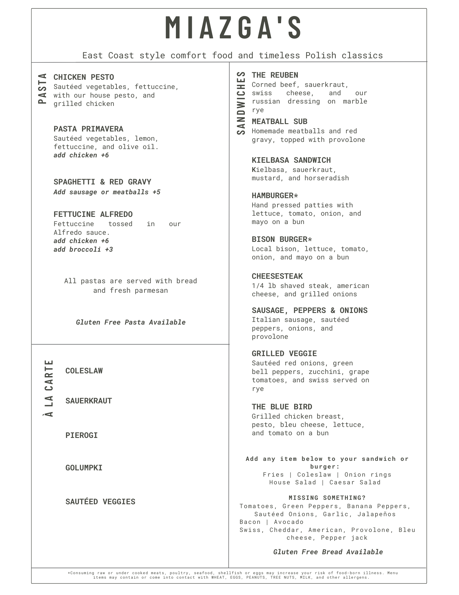 Meigas Menu Our Menu — Miazga's Restaurant