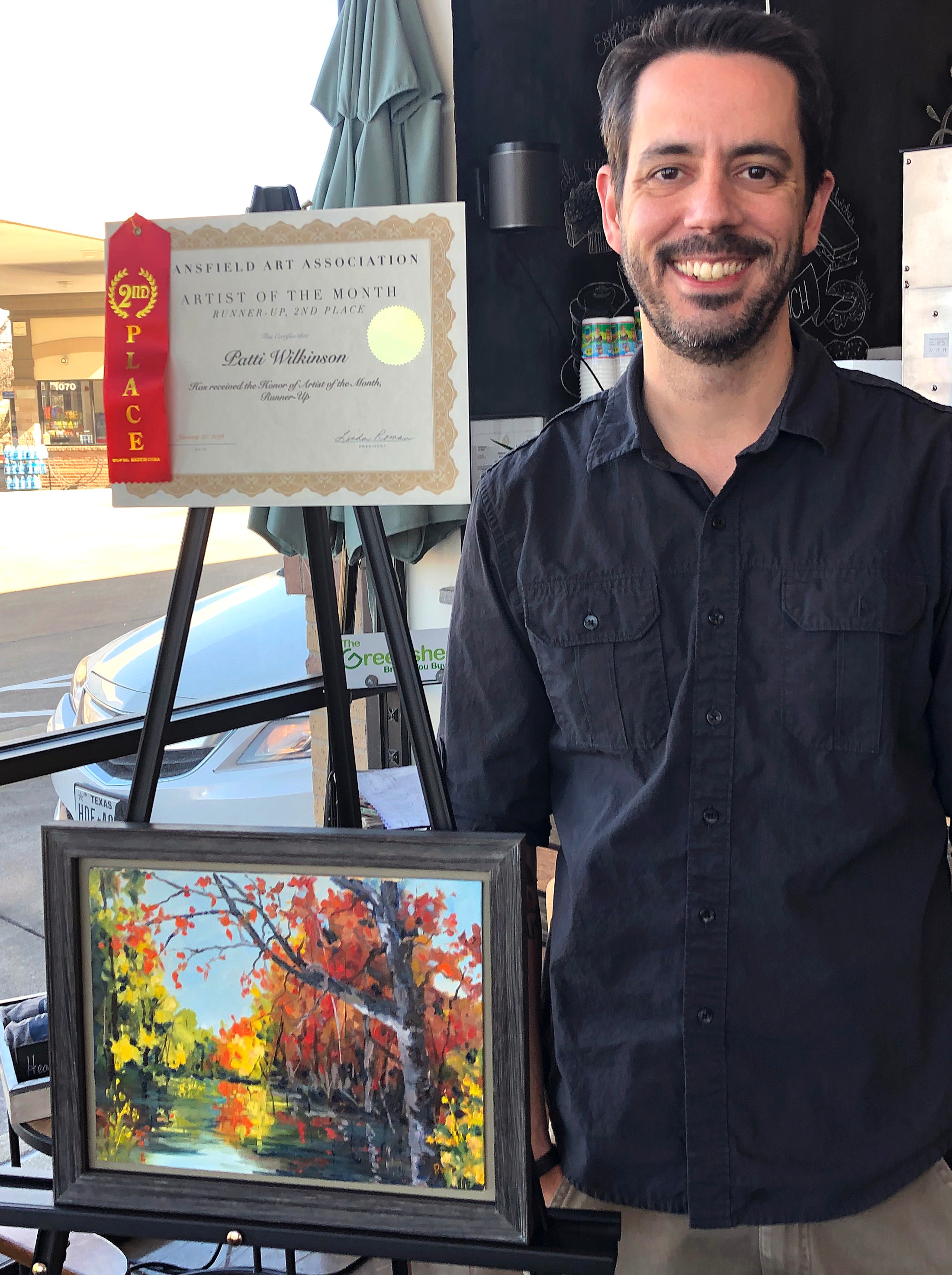 Patti Wilkinson’s oil painting, “Fall’s Glory”, is on display at the Hearth Cafe (in the Tom Thumb shopping center at Hwy 287 and Country Club Rd).