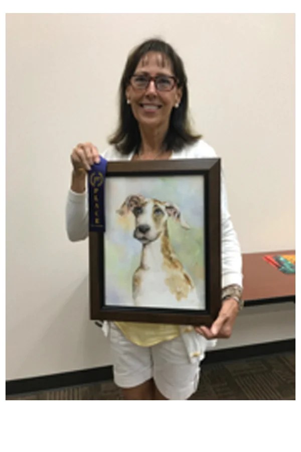 First Place: Rosemary Kline Everett, rosemaryeverett@hotmail.com "Puppies Baby Blues", Watercolor, $300 Displayed at Pinnacle Bank, 1700 E Broad St, Mansfield, TX 76063
