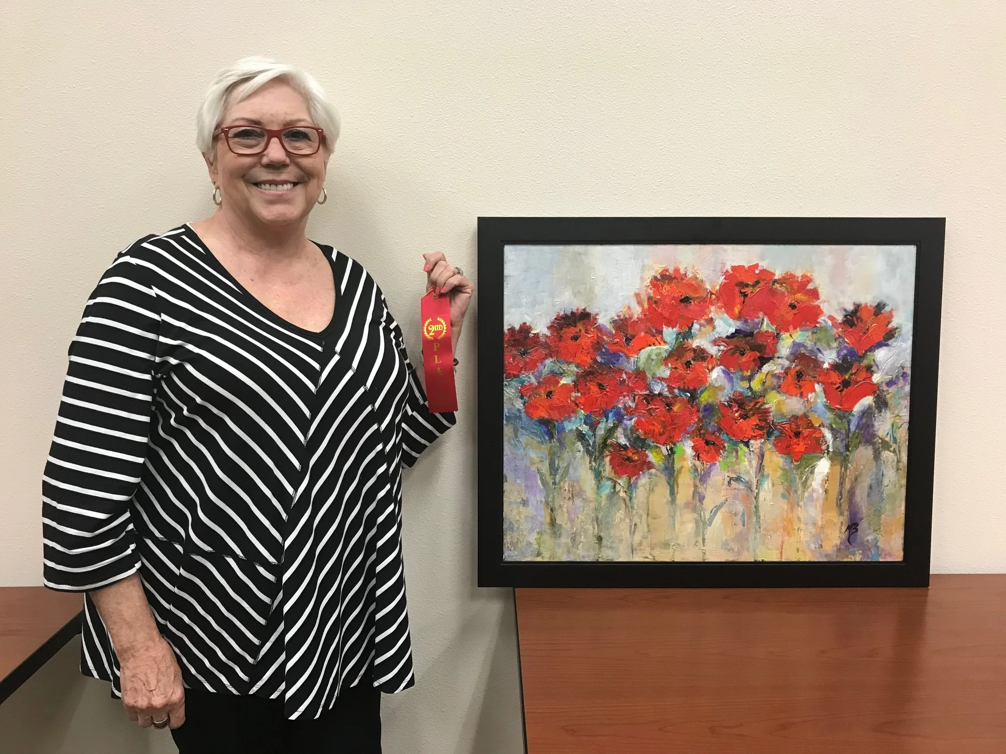 Second Place: Martha Barron “Morning Beauties” Acrylic $325 817-320-0100 Displayed at Plains Capitol Bank, 1748 E Broad St Ste 102, Mansfield, TX 76063
