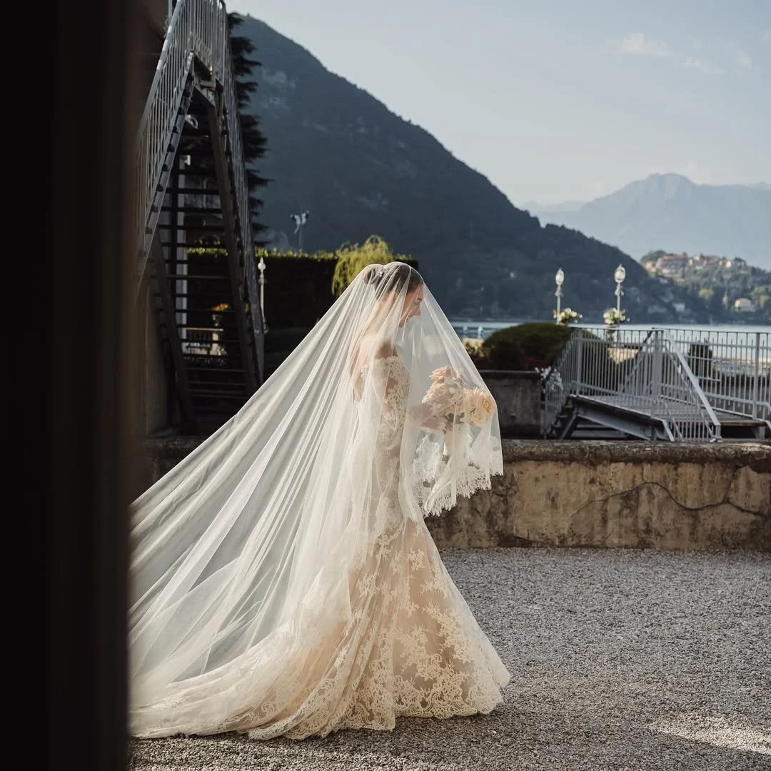 Emma wearing Azalea by Alena Leena for her luxe destination wedding in Lake Como.