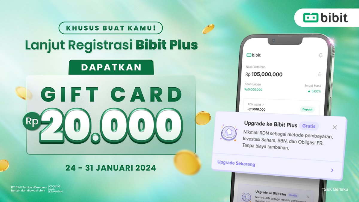 Lanjut Registrasi Bibit Plus untuk Dapatkan Gift Card