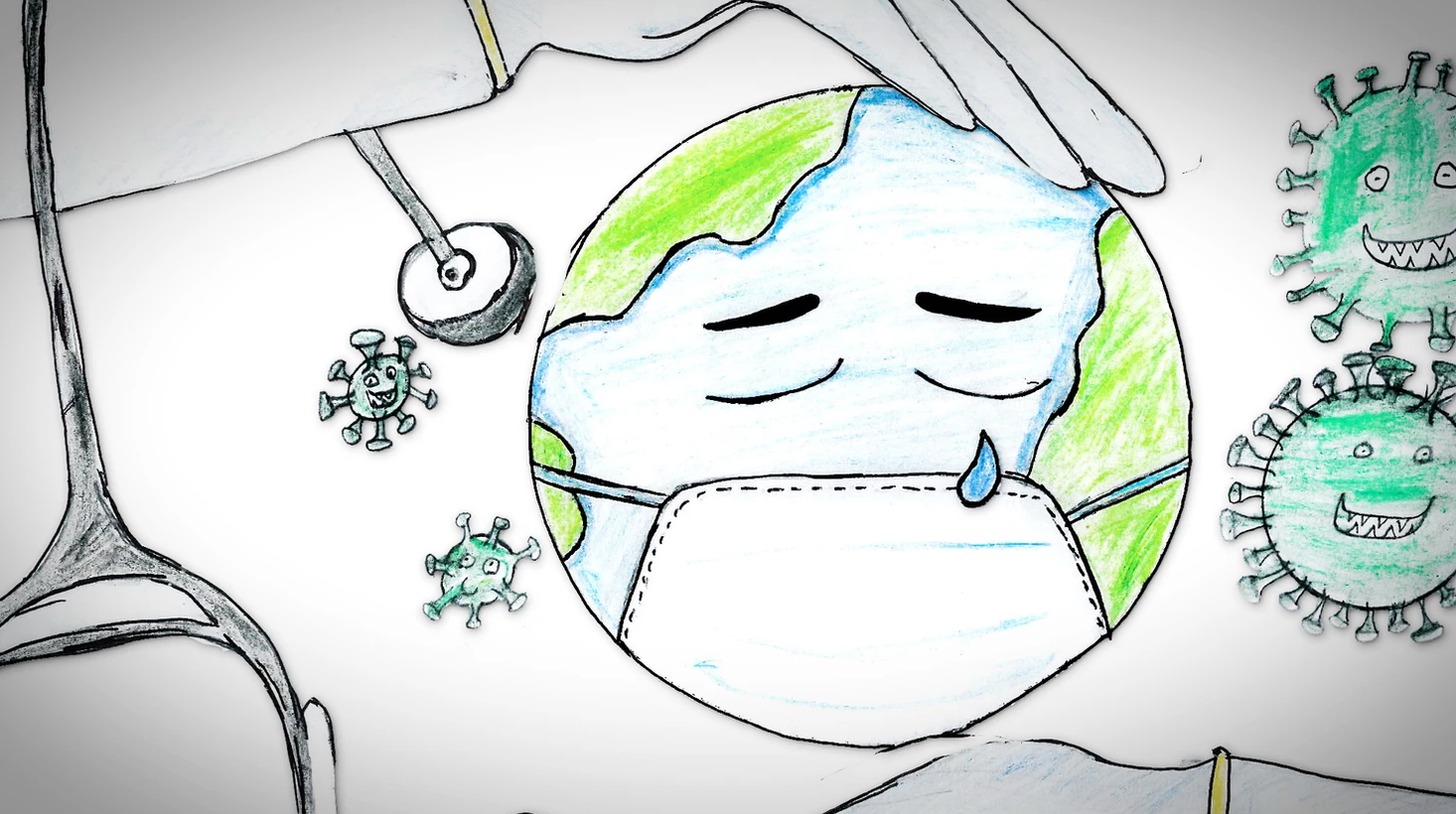 Drawing of the Earth wearing a face mask and crying
