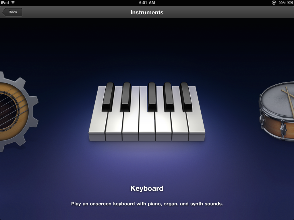  The Instrument Carousel. First thing users see when launching GarageBand on the iPad. 