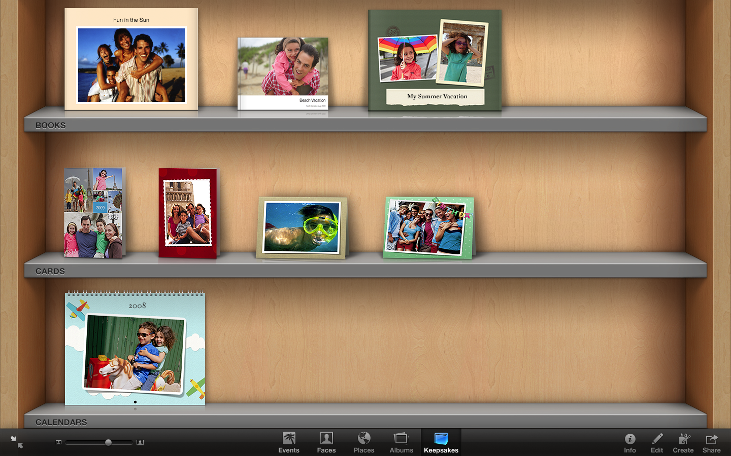  The shelf in iPhoto for user-created books, cards, and calendars. 