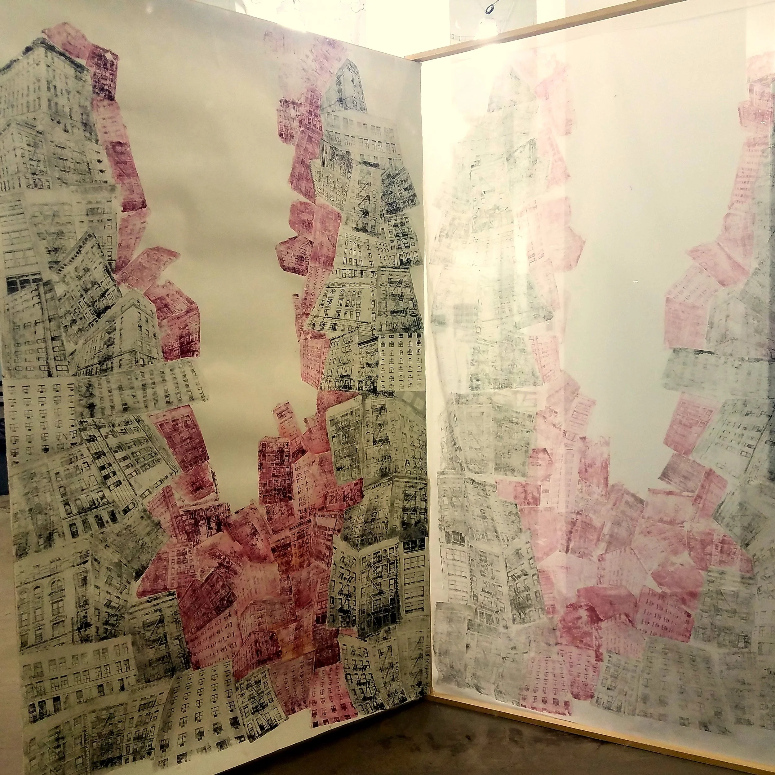  Etching on Fabric and Paper Triptych; 3X 86” X 60” 