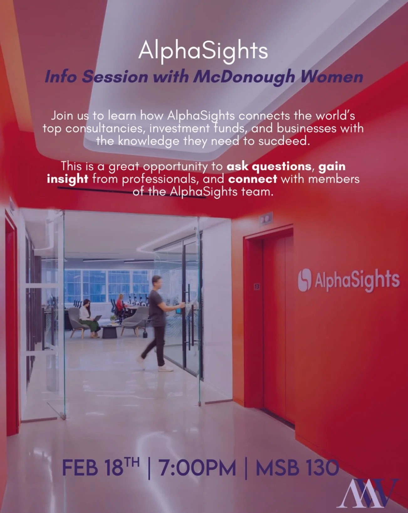 Tomorrow at 7pm!! Join McDonough Women for an exclusive networking event with AlphaSights. This is a great opportunity to learn more about summer internships. See you there!!