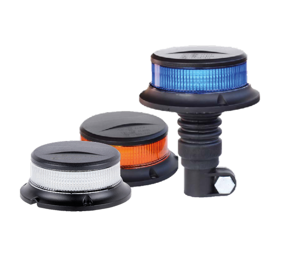 SL-446XX Range of Merlin Low Profile LED Beacons. £-bolt mount in amber and white and flexi DIN pole version in blue.
