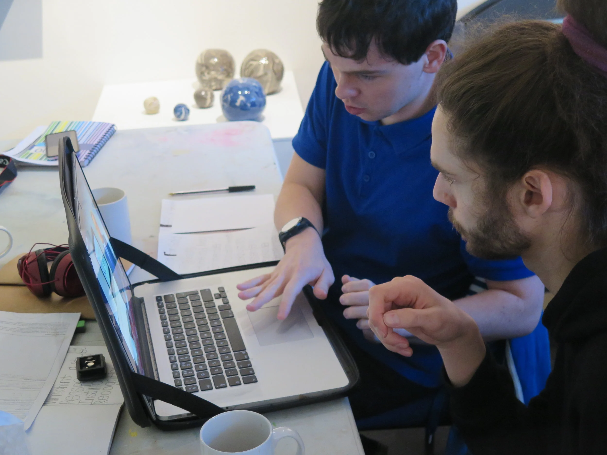 Joe working with Andy and learning about the idents Andy likes, which Joe could manipulate the sounds of with varying computer programmes. Photo by James Pollitt