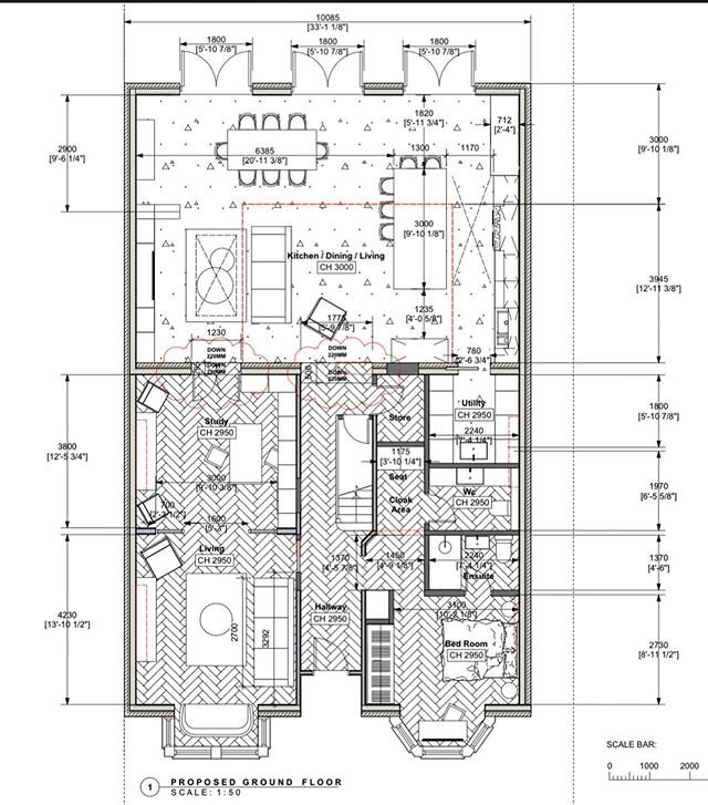 Our ground floor proposal for our West Ealing project. We have rejigged the internal layout creating a necessary downstairs guest suite. Downstairs cloak room, lounge, office and kitchen dining area with utility. The former have been added into a new