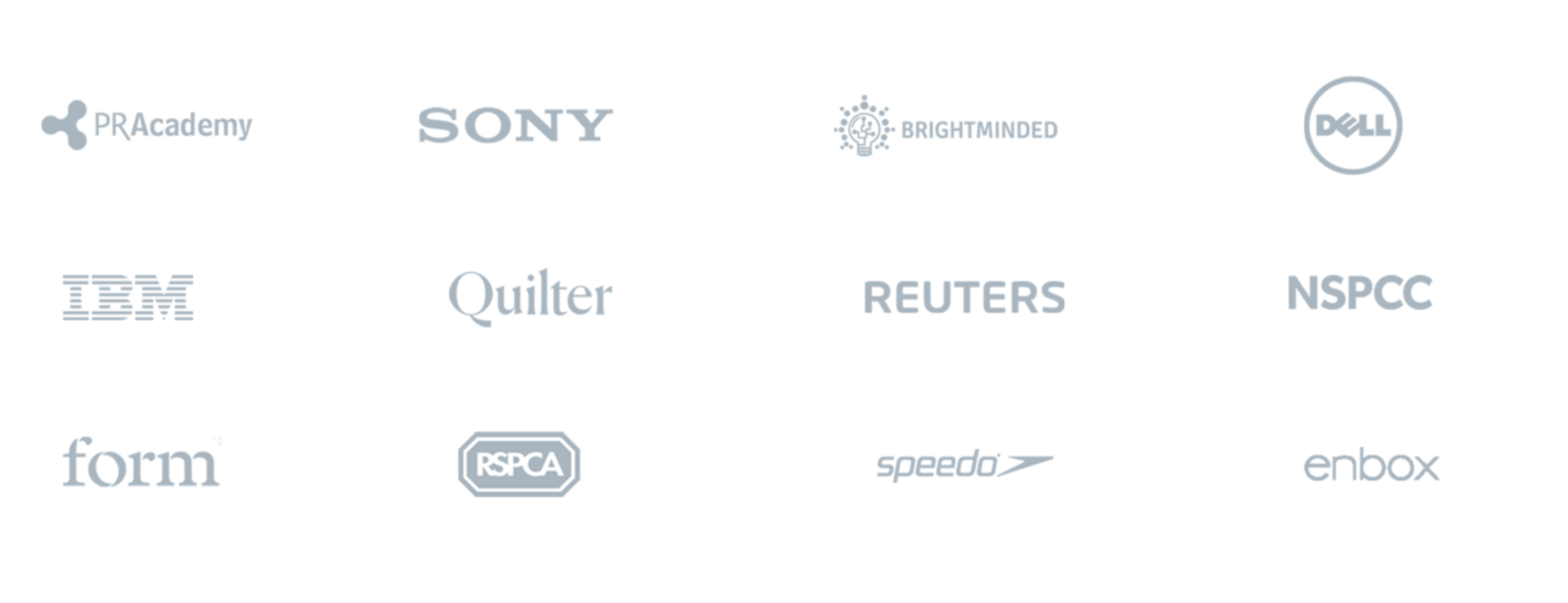 Collection of logos from PR Academy, Sony, Brightminded, Dell, IBM, Quilter, Reuters, NSPCC, Form, RSPCA, Speedo, enbox.