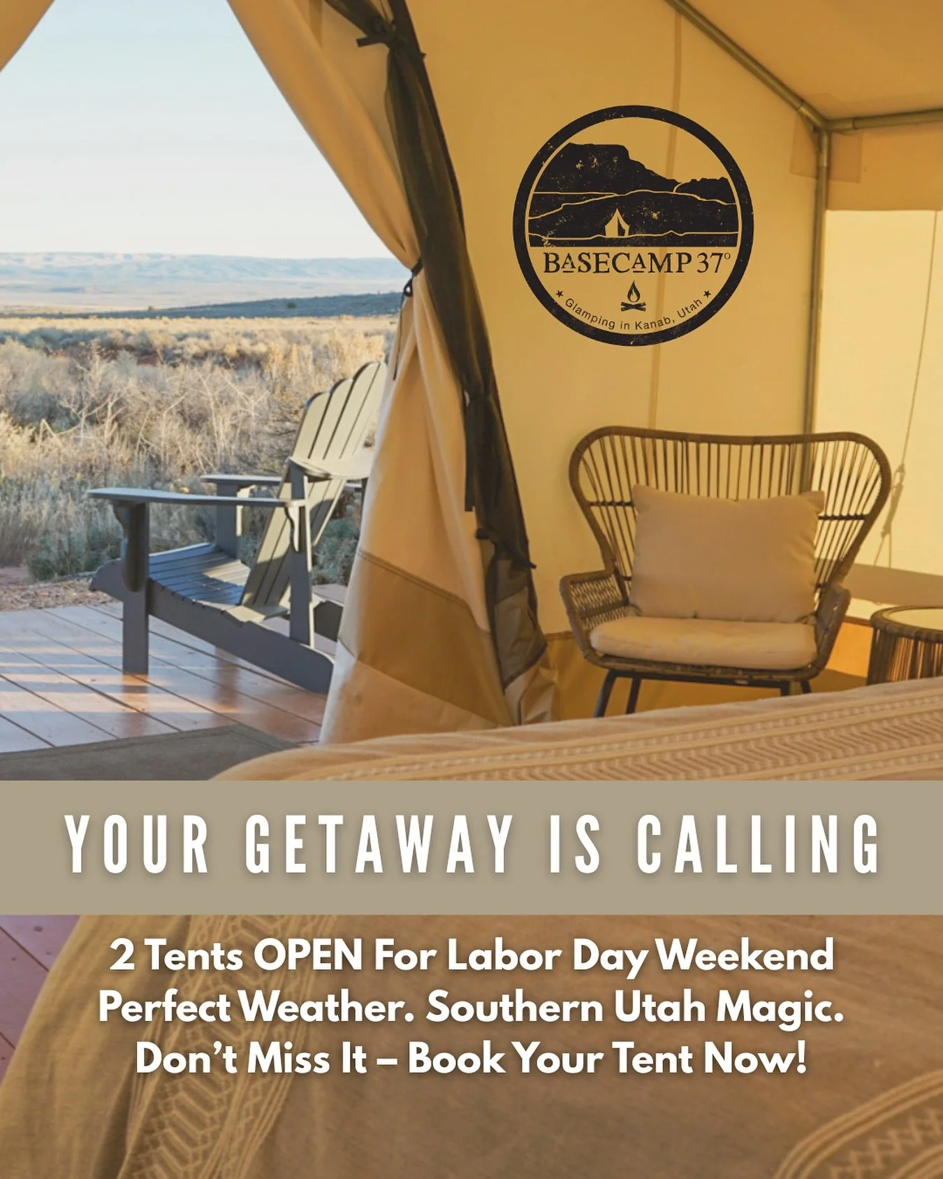 This is not a drill. Labor Day weekend is almost here and we&rsquo;ve got just 2 tents still open. Forecast? High of 88, endless sunshine, dark-sky nights, and the friendliest locals around. Southern Utah magic is calling, book your tent now before t
