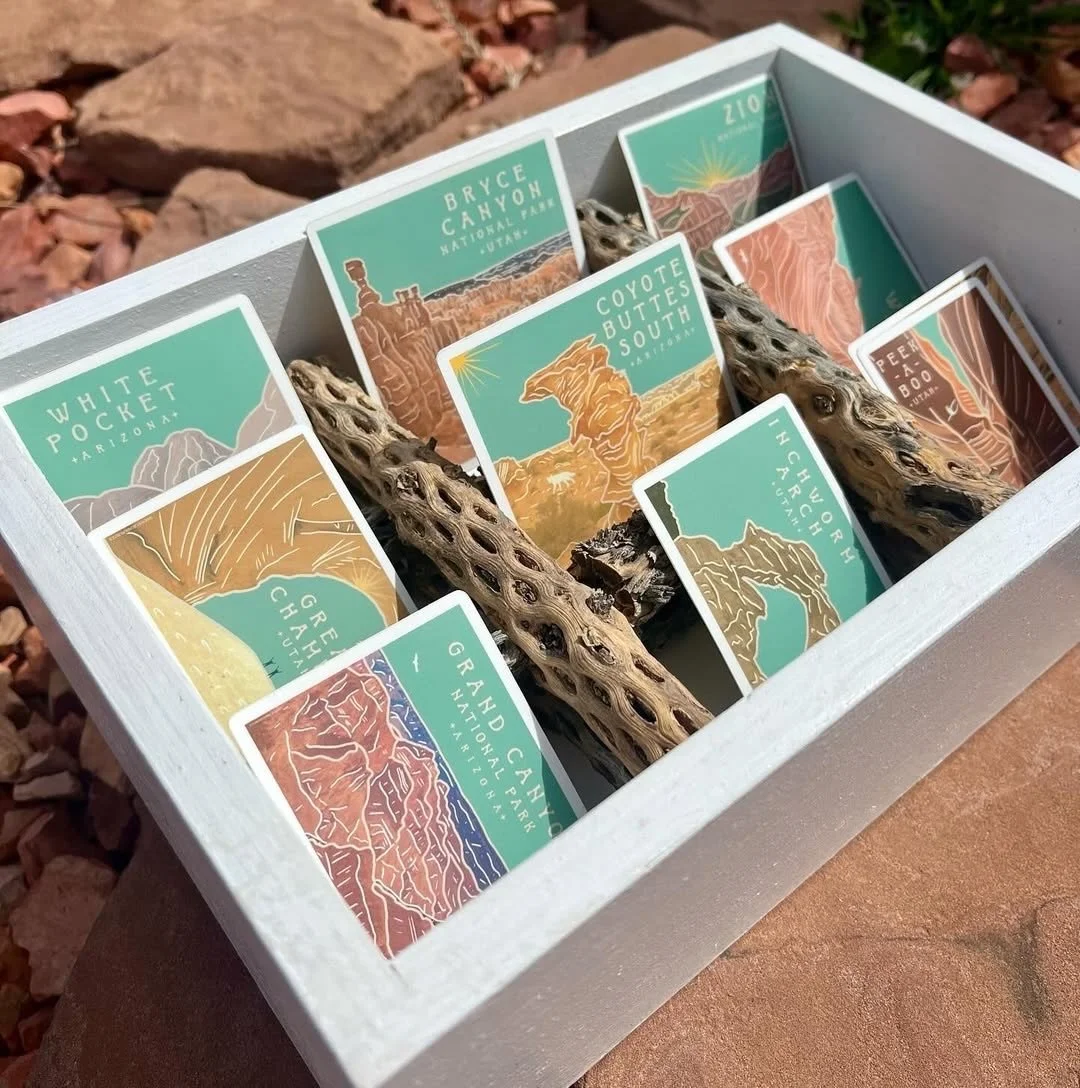Gratitude today goes to someone who helps our glampers carry a piece of the desert home with them. If you&rsquo;ve spotted those gorgeous little park stickers around camp, you&rsquo;ve already met the work of local artist and guide, Becca of Desert R