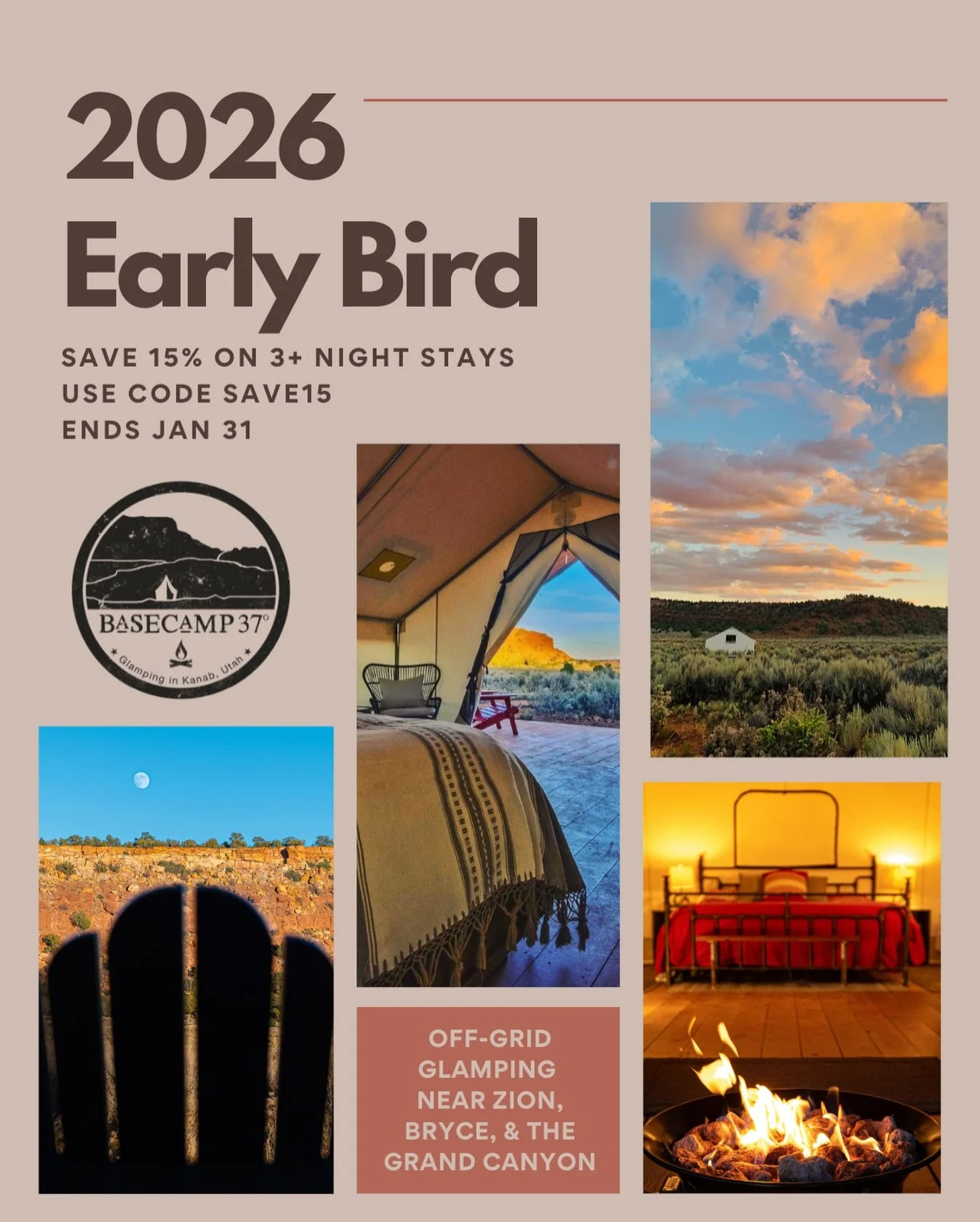 Our biggest discount of the year has landed: save 15% on any 2026 stay when you book 3+ nights ⛺️🤠❤️

There&rsquo;s something special about waking up in the high desert. The quiet. The space. The way time stretches when you&rsquo;re surrounded by re