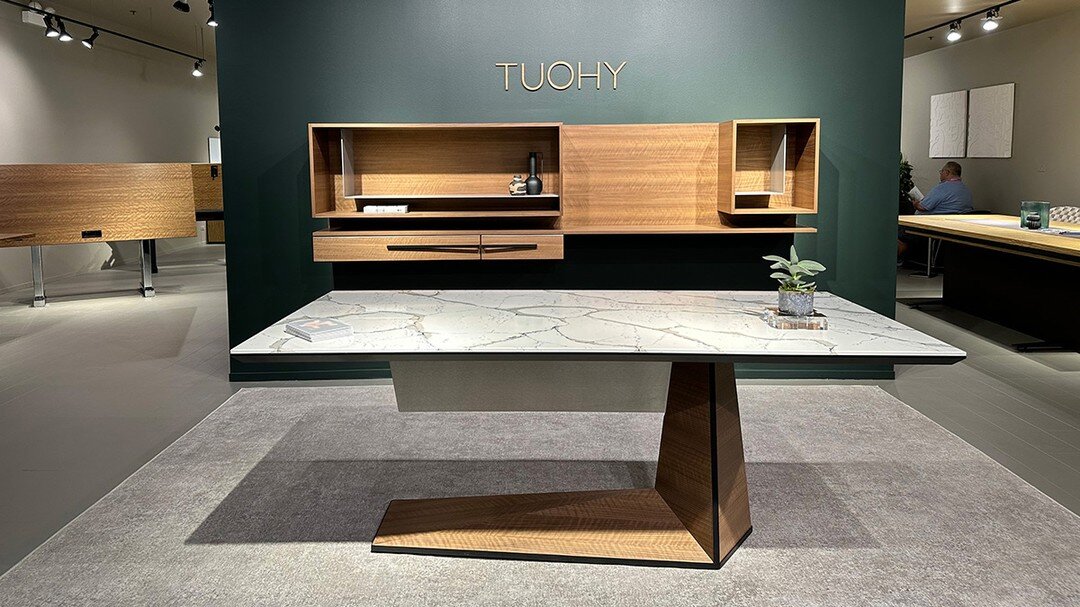 Uku Collection from Tuohy🪷. The word &quot;Uku&quot; means &quot;to float&quot; in Japanese. This collection offers an elegant, cantilevered table desk, that seems to float, with an architectural beveled base. The details are spot on, creating a bes