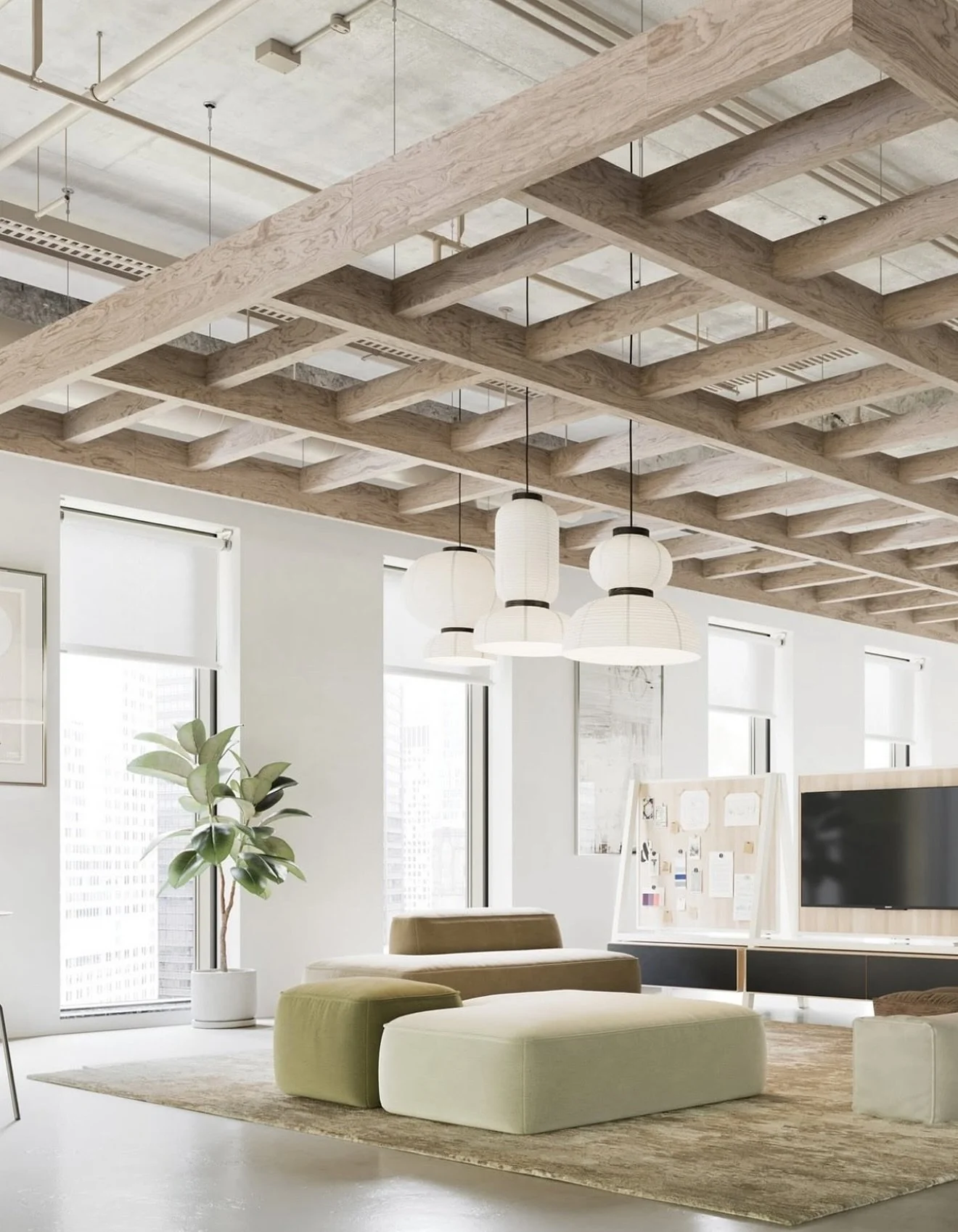 Bring monumental aesthetics and acoustic performance to any space with @turf.design&rsquo;s Plaid and Beam LED ceiling solutions, decked in the new Rotary Cut Wood Texture!

#TurfDesign #beyondesign #acousticdesign #interiordesign #officedesign | 📸 