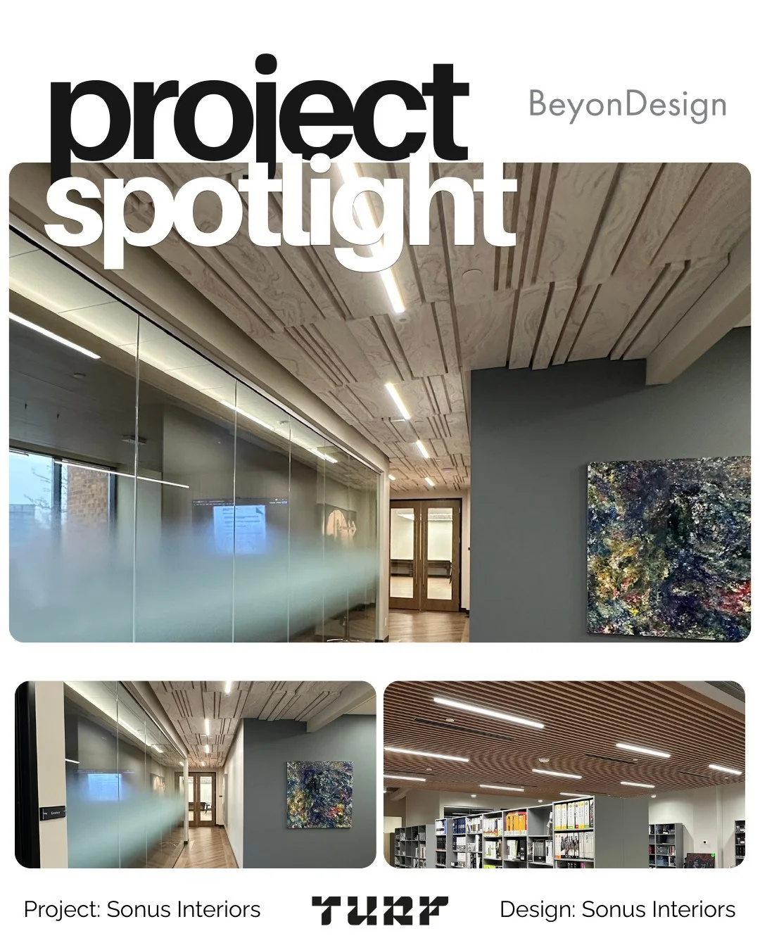 This ceiling install at Sonus Interiors is a SHOWSTOPPER 🔥⁠
Featuring Turf Design Barcode + Grille ceiling tiles &mdash; texture + dimension done right.