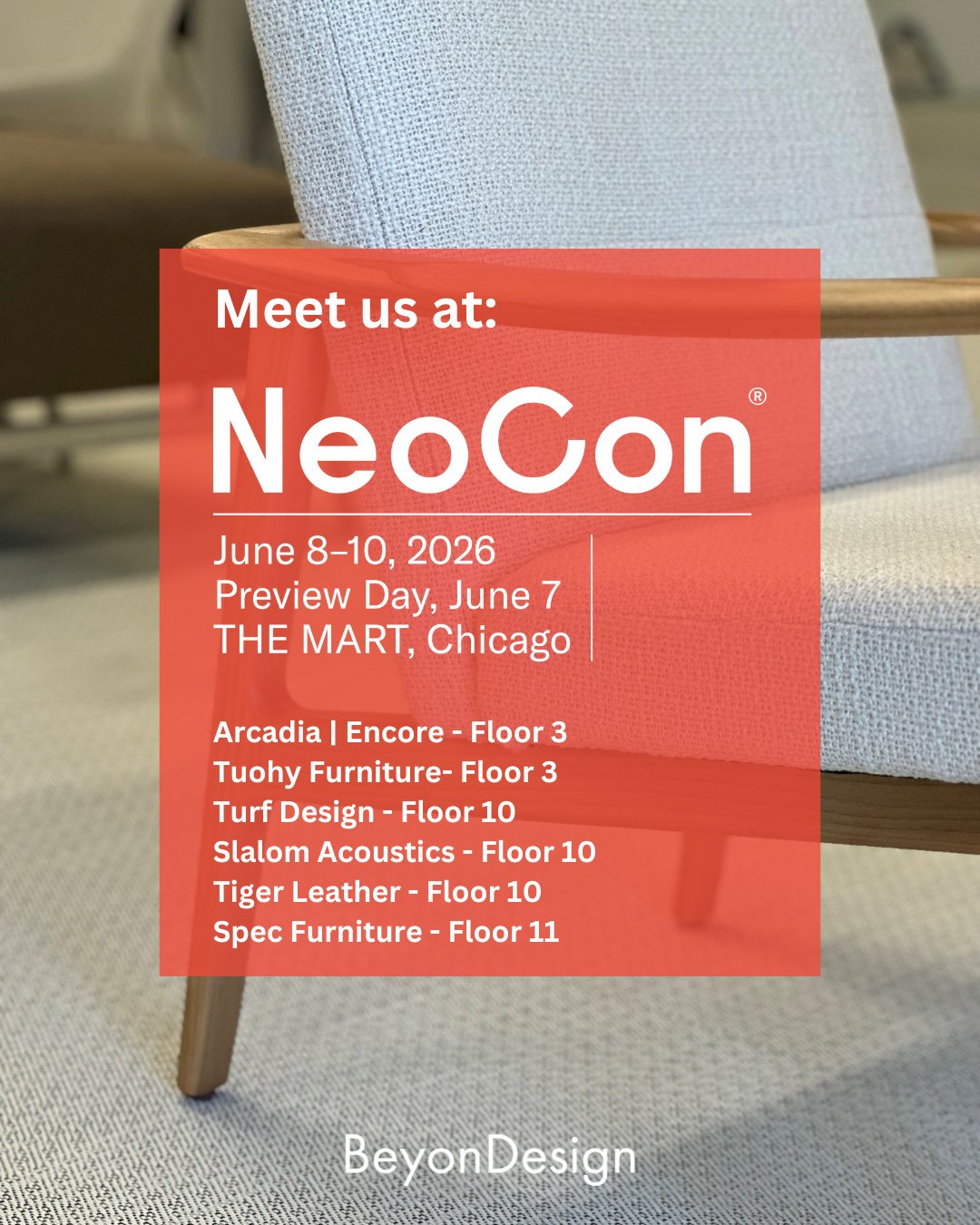 Going to NeoCon? Let's connect 🤙🏼 - DM us for a quick meet up (and of course the not-to-miss Rooftop Party 🥳)⁠
⁠
Arcadia | Encore - Floor 3 ⁠
Tuohy Furniture- Floor 3⁠
Turf Design - Floor 10⁠
Slalom Acoustics - Floor 10 ⁠
Tiger Leather - Floor 10⁠