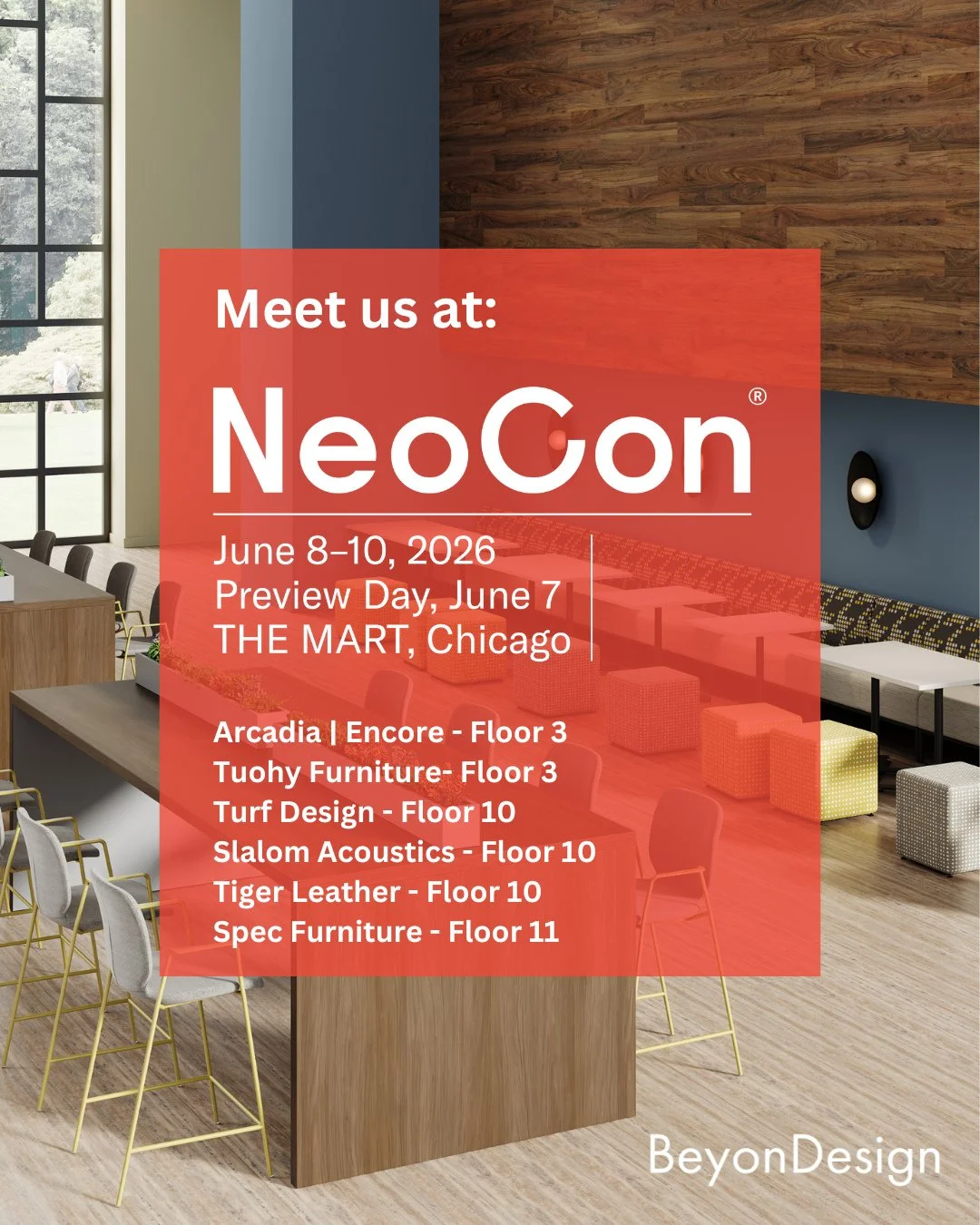 Going to NeoCon? Let's connect 🤙🏼 - DM us for a quick meet up (and of course the not-to-miss Rooftop Party 🥳)⁠
⁠
Arcadia | Encore - Floor 3 ⁠
Tuohy Furniture- Floor 3⁠
Turf Design - Floor 10⁠
Slalom Acoustics - Floor 10 ⁠
Tiger Leather - Floor 10⁠