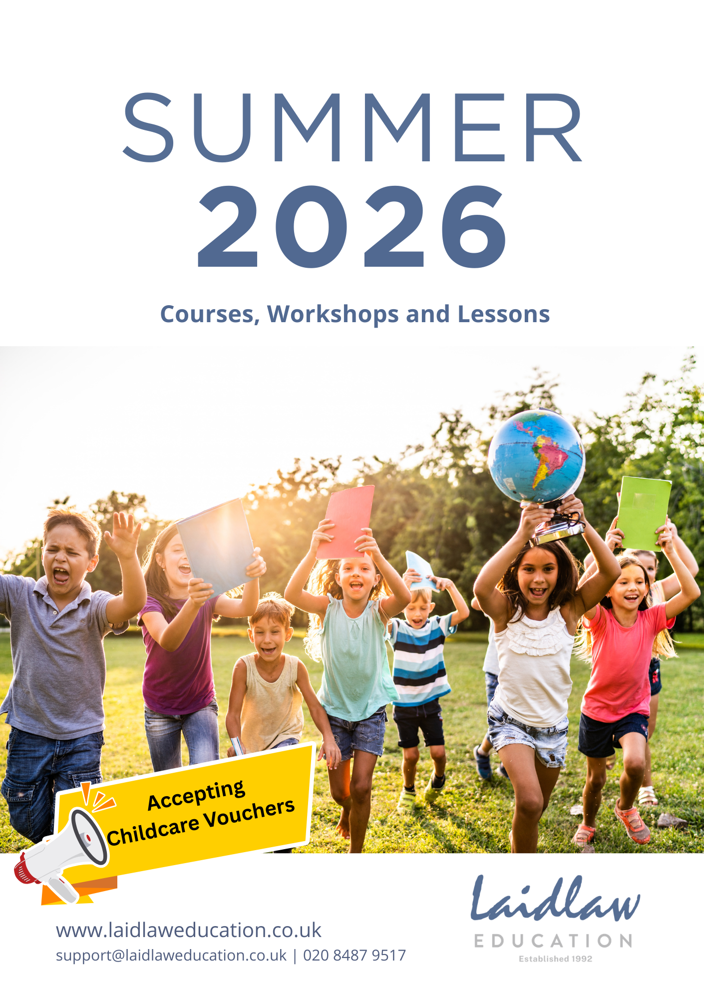 Summer 2026 Holiday courses, workshops and lessons. Smiling children with books, ready for learning during holidays. Accepting childcare vouchers and also tax free childcare