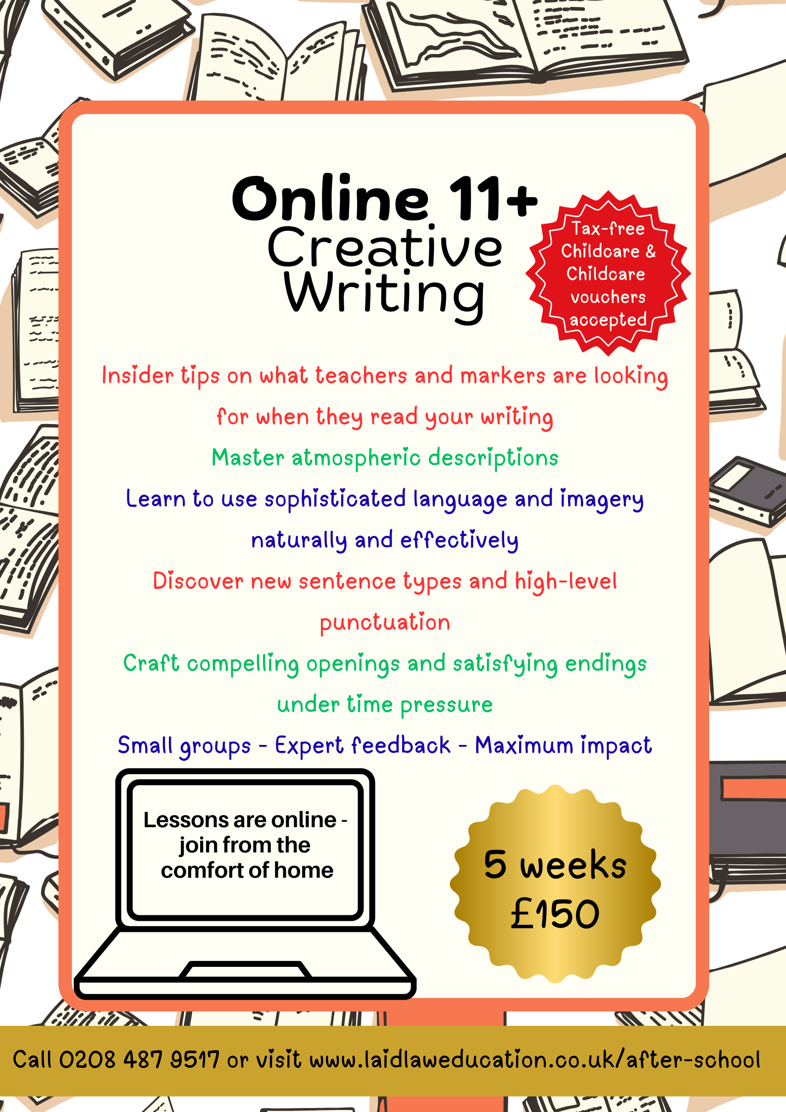 Digital flyer for online 11+ Creative Writing course at Laidlaw Education. www.laidlaweducation.co.uk/after-school