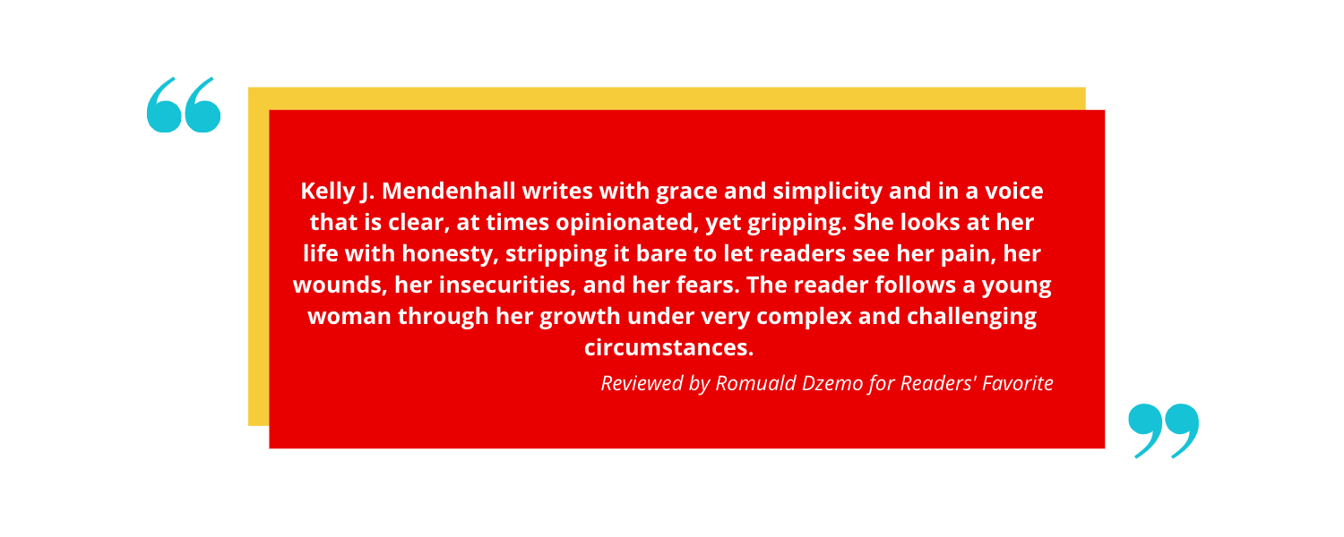 Quote by Romuald Dzemo about Kelly J. Mendenhall's writing, highlighting its grace, simplicity, honesty, and emotional depth, set on a red background with yellow and blue elements.