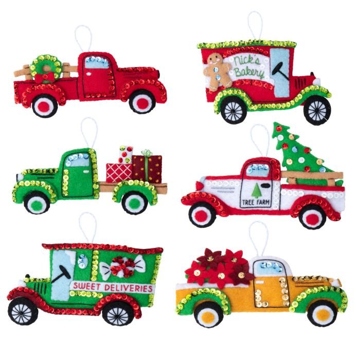 An image of completed Bucilla Kit 89285 Vintage Trucks Ornaments