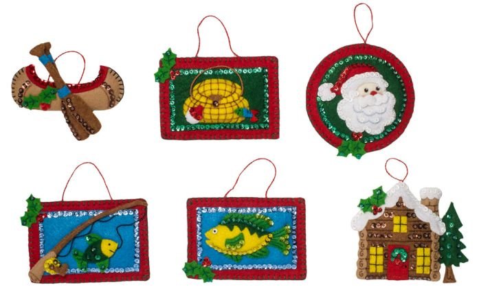 An image of completed Bucilla Kit 86953 Santa's Lodge Ornaments