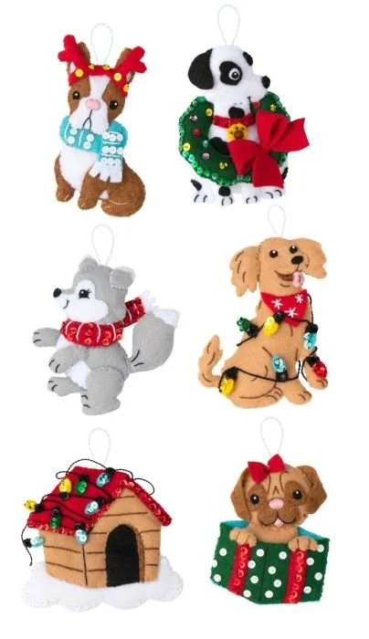 An image of completed Bucilla Kit 89283 Christmas Dogs Ornaments