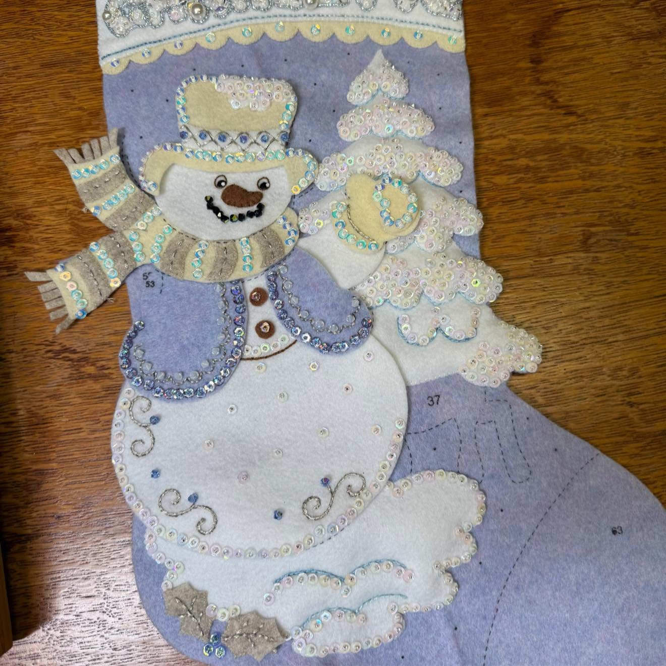 In progress:  Plaid Crafts Bucilla Kit No 89245E, titled &ldquo;Snowman&rsquo;s Winter Wonderland.&rdquo;

I&rsquo;ve made a lot of changes to the materials, but almost none to the pattern. 

The name is the most obvious difference I suppose 😅 you c