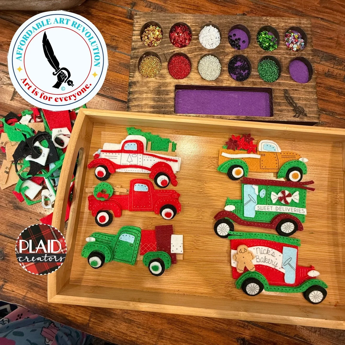 Tiny trucks, tiny candy, tiny poinsettias, and approximately 47,000 tiny felt pieces later 😂😅 I don&rsquo;t even care though because they&rsquo;re ADORABLE.

Now stitching: Plaid Crafts Bucilla Kit No. 89285E for a gal in Texas and honestly I&rsquo