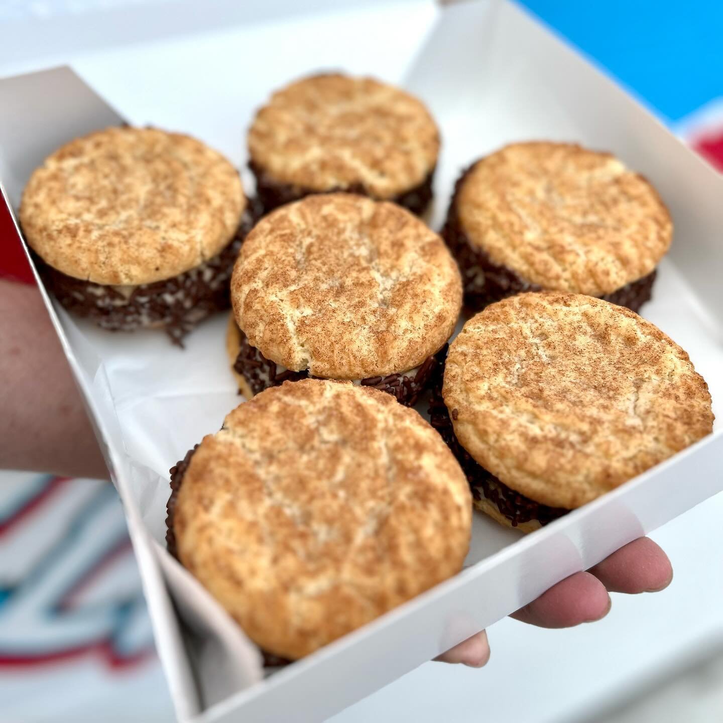 Have you tried our Mocha Doodle Ice Cream Sandwiches? These are snickerdoodle cookies with coffee ice cream rolled in chocolate sprinkles! 🤤 These &amp; more can be found here: www.ElliesTreats.com ✅ Pick up in Abington as well as delivery is availa