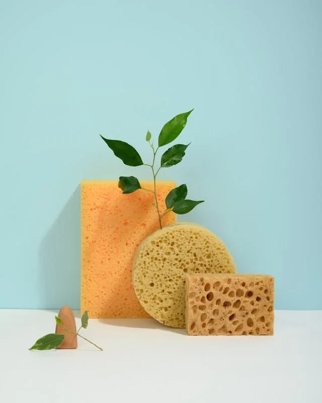 Assorted cleaning sponges and scrubbers with green leaves on a light blue background.