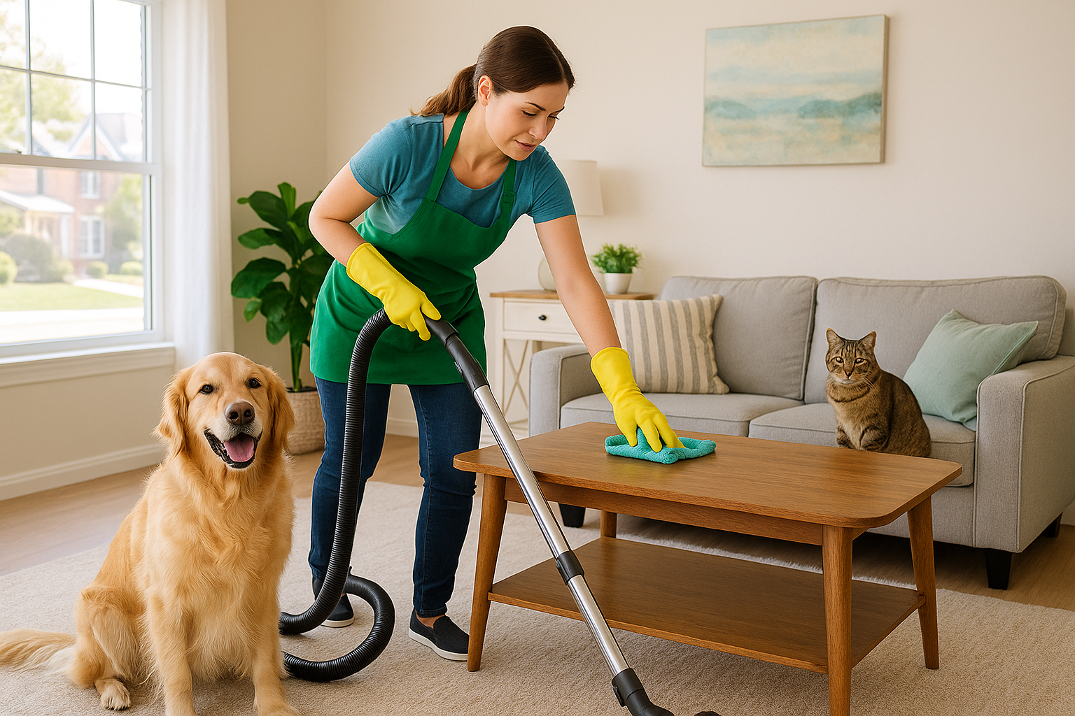 A woman in a blue shirt and green apron, wearing yellow gloves, vacuuming a living room with a golden retriever, a gray couch, and a cat sitting on a wooden coffee table.