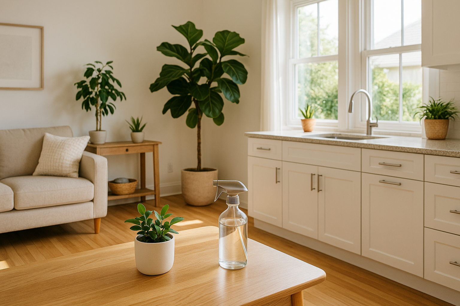 image of clean room and eco-friendly spray bottles on the table