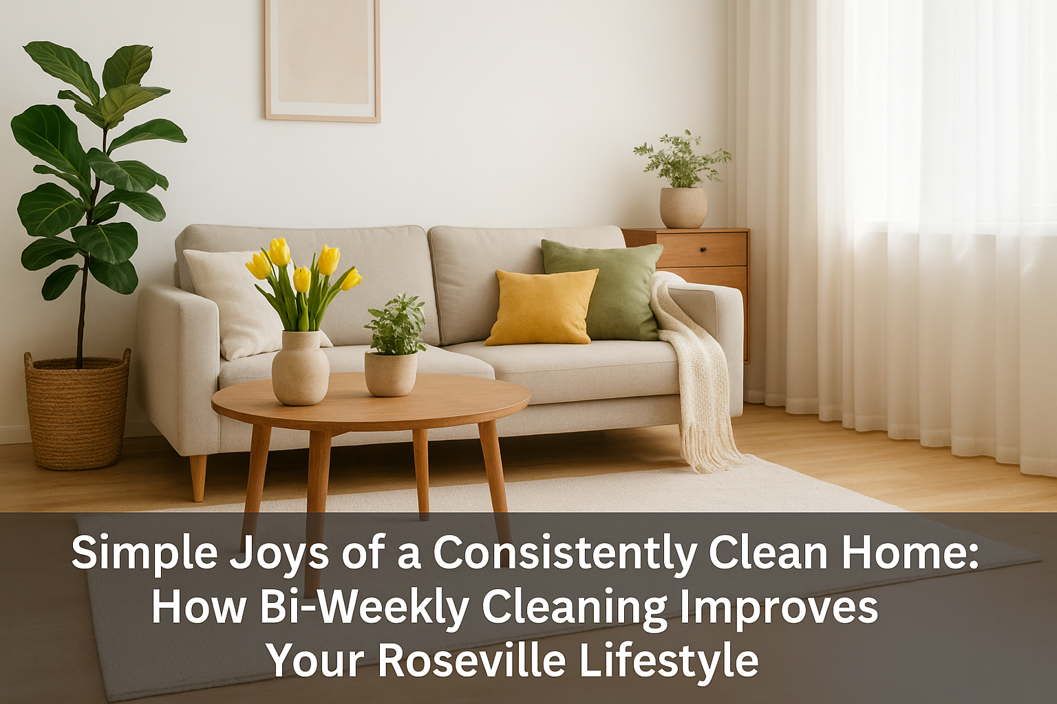 Living room with beige sofa, green and yellow pillows, wooden coffee table with potted plants, large window with white curtains, and a tall plant in a woven basket