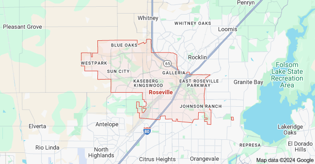 Map of Roseville, Minnesota and surrounding areas showing city boundaries, highways, and nearby lakes.