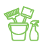 Line drawing of a bucket with mop and broom and a spray bottle