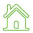 Outline of a house in green with a triangular roof and a chimney