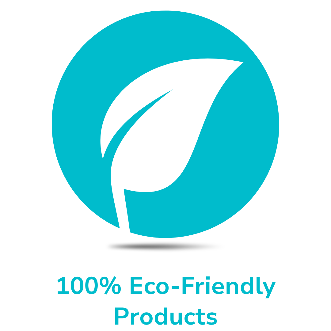 symbol of leaf with the words 100% eco-friendly products
