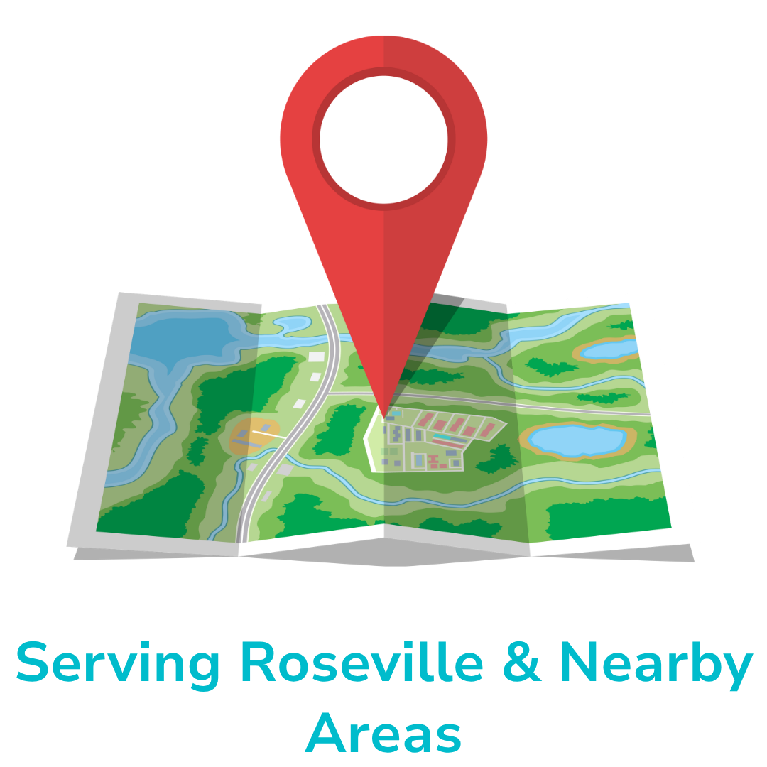 map with pin and the words serving roseville and nearby areas