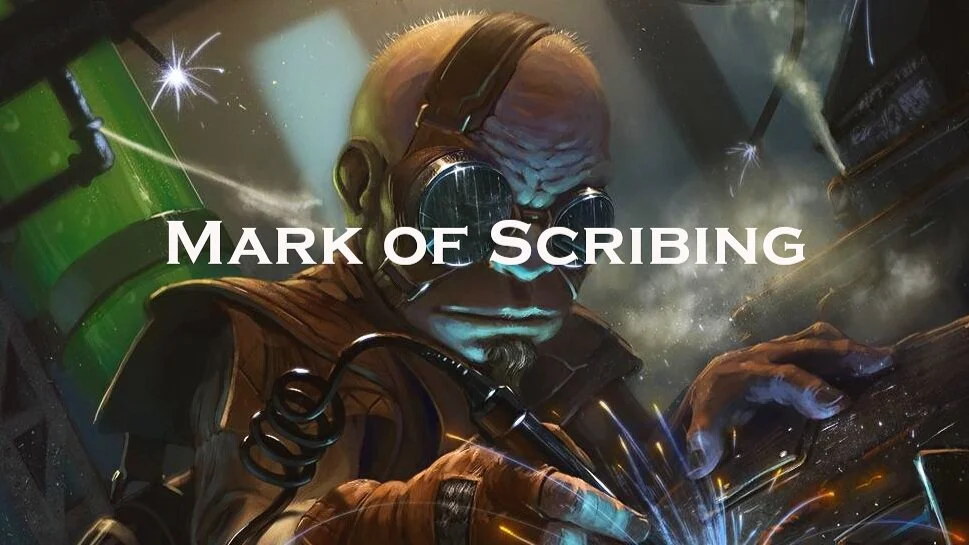 A gnome of House Sivis bearing the Mark of Scribing, intently engraving with magical tools