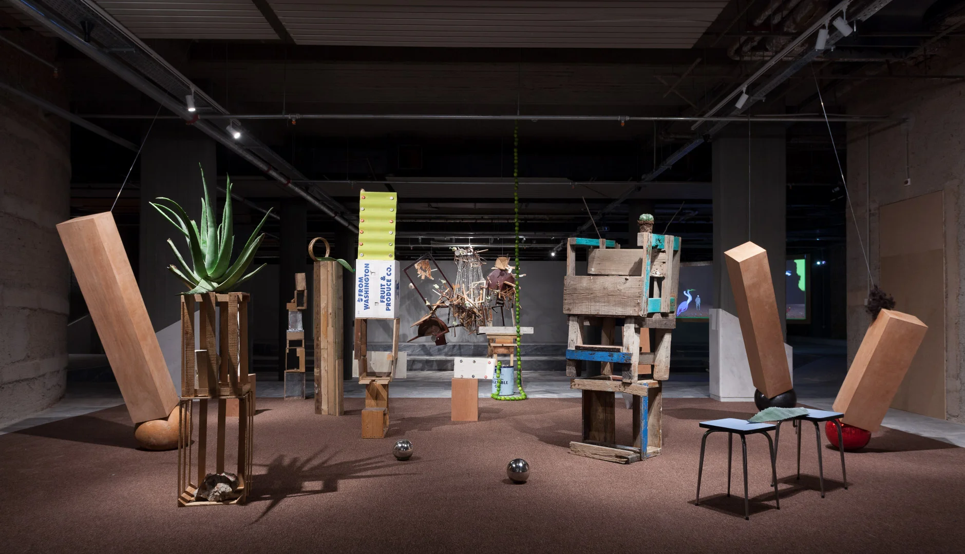 Installation View, Abraham Cruzvillegas, Autoconstruccion Room, 2009, Ιωάννα Πανταζοπούλου, R.E. Reconfigured Etiquette, 2012, Paul Chan, My birds… trash… the future., 2004 ©Nikos Markou